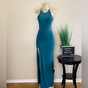 NWT. LOVE X DESIGN | Teal Backless Slit Leg Maxi Dress Sz S